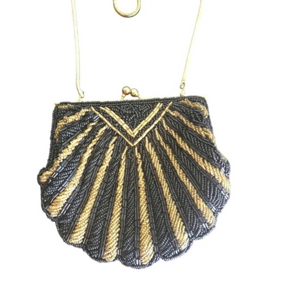 Vintage Black and Gold Beaded Formal Clutch